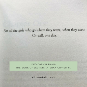 Book dedication: The Book Of Secrets (Ateban Cipher #1) by A.L. Tait - coming 12 September 2017.
